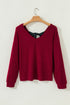 Ribbed V Neck Drop Shoulder Bow Back Long Sleeve Top
