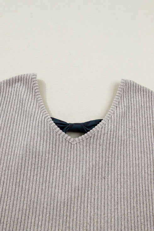 Ribbed V Neck Drop Shoulder Bow Back Long Sleeve Top