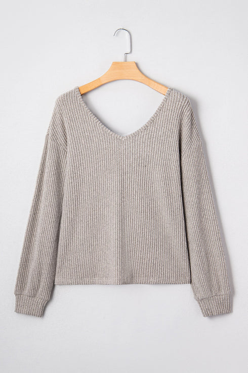 Ribbed V Neck Drop Shoulder Bow Back Long Sleeve Top