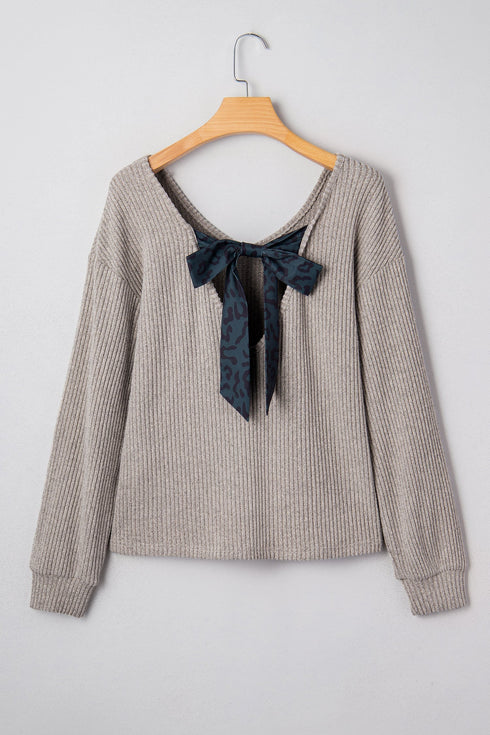 Ribbed V Neck Drop Shoulder Bow Back Long Sleeve Top