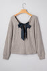 Ribbed V Neck Drop Shoulder Bow Back Long Sleeve Top