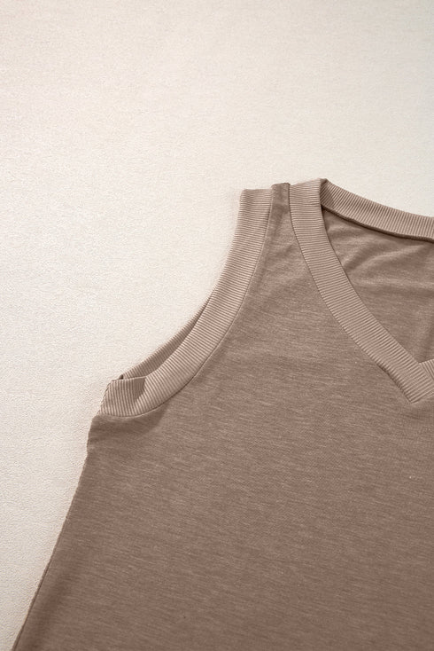 Ribbed V Neck Sleeveless Soft Jersey Knit Tank Top
