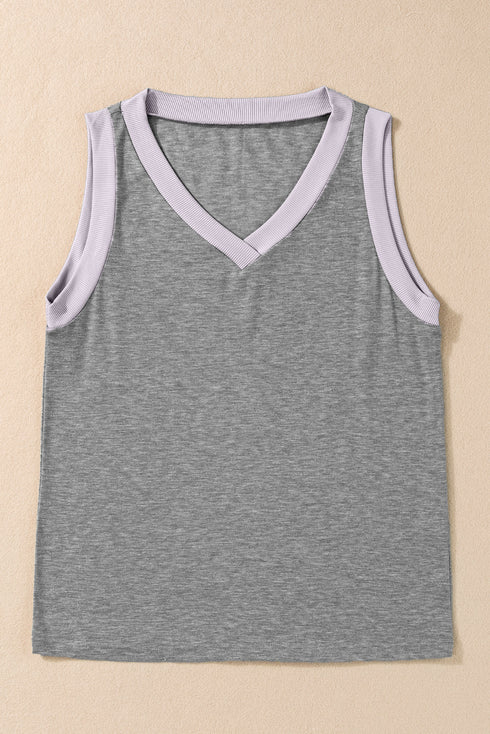 Ribbed V Neck Sleeveless Soft Jersey Knit Tank Top