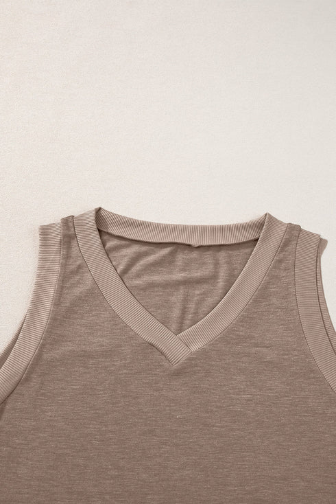 Ribbed V Neck Sleeveless Soft Jersey Knit Tank Top