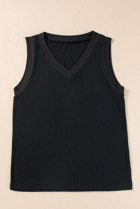 Ribbed V Neck Sleeveless Soft Jersey Knit Tank Top