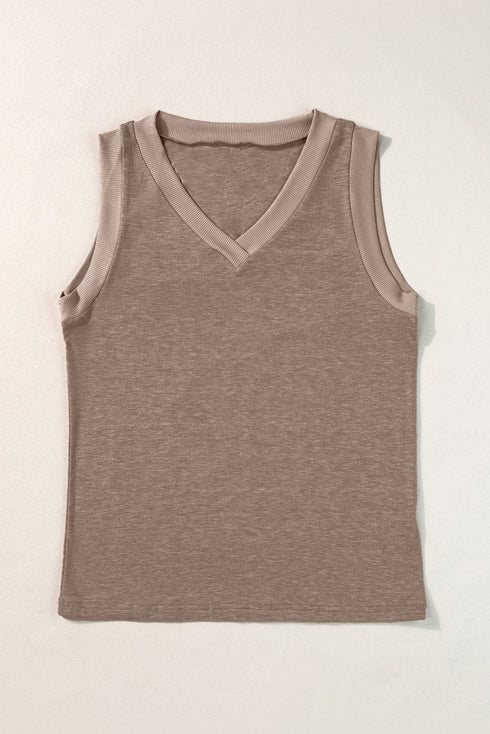 Ribbed V Neck Sleeveless Soft Jersey Knit Tank Top