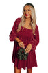 Ribbed Velvet Square Neck Bishop Sleeve Mini Dress