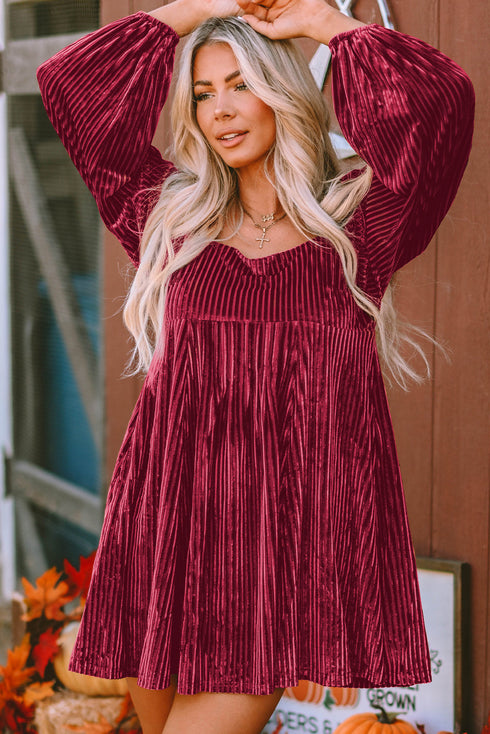 Ribbed Velvet Square Neck Bishop Sleeve Mini Dress