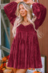 Ribbed Velvet Square Neck Bishop Sleeve Mini Dress