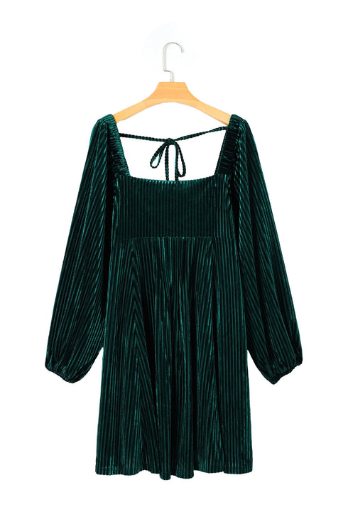 Ribbed Velvet Square Neck Bishop Sleeve Mini Dress