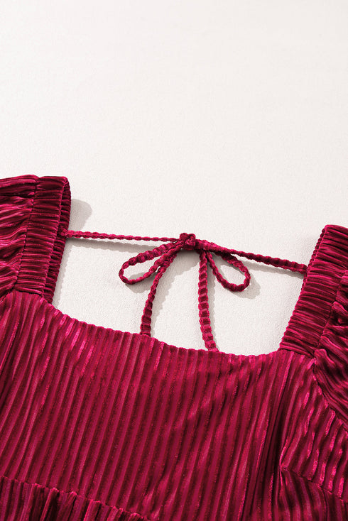 Ribbed Velvet Square Neck Bishop Sleeve Mini Dress