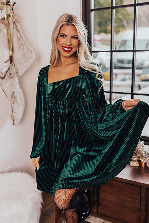 Ribbed Velvet Square Neck Bishop Sleeve Mini Dress