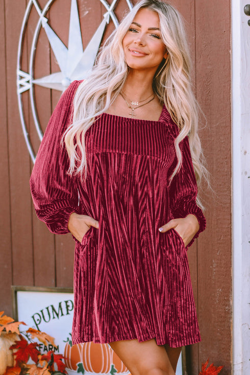 Ribbed Velvet Square Neck Bishop Sleeve Mini Dress