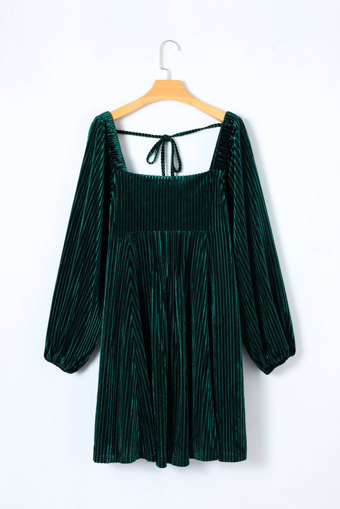 Ribbed Velvet Square Neck Bishop Sleeve Mini Dress