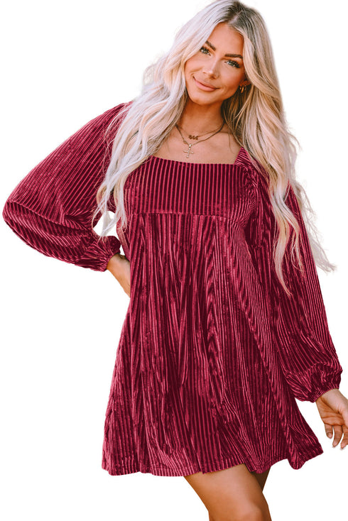 Ribbed Velvet Square Neck Bishop Sleeve Mini Dress