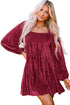 Ribbed Velvet Square Neck Bishop Sleeve Mini Dress