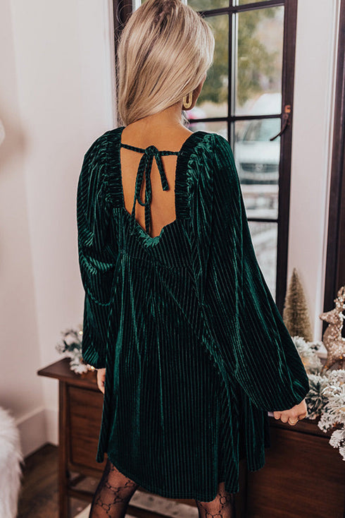 Ribbed Velvet Square Neck Bishop Sleeve Mini Dress