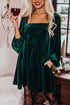 Ribbed Velvet Square Neck Bishop Sleeve Mini Dress