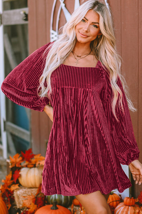 Ribbed Velvet Square Neck Bishop Sleeve Mini Dress