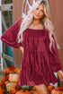 Ribbed Velvet Square Neck Bishop Sleeve Mini Dress