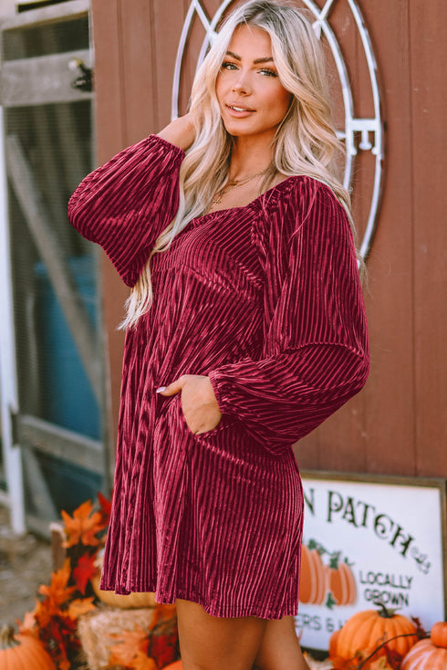 Ribbed Velvet Square Neck Bishop Sleeve Mini Dress