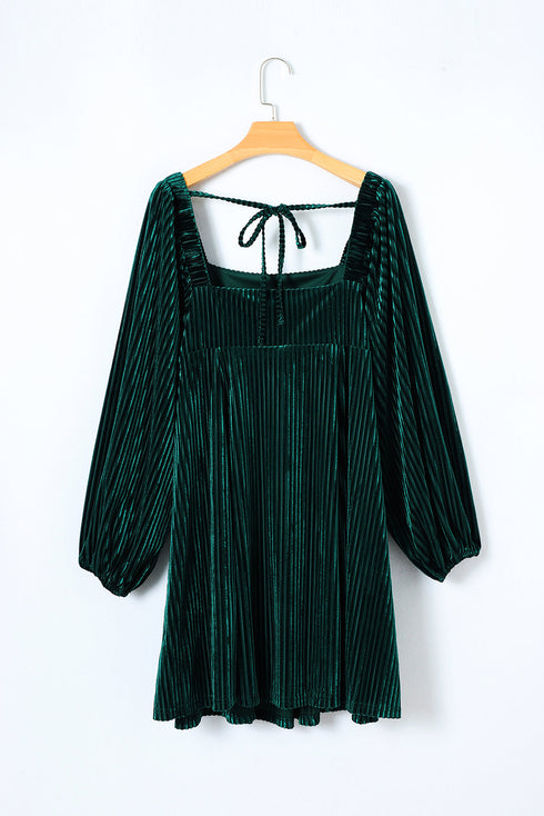Ribbed Velvet Square Neck Bishop Sleeve Mini Dress