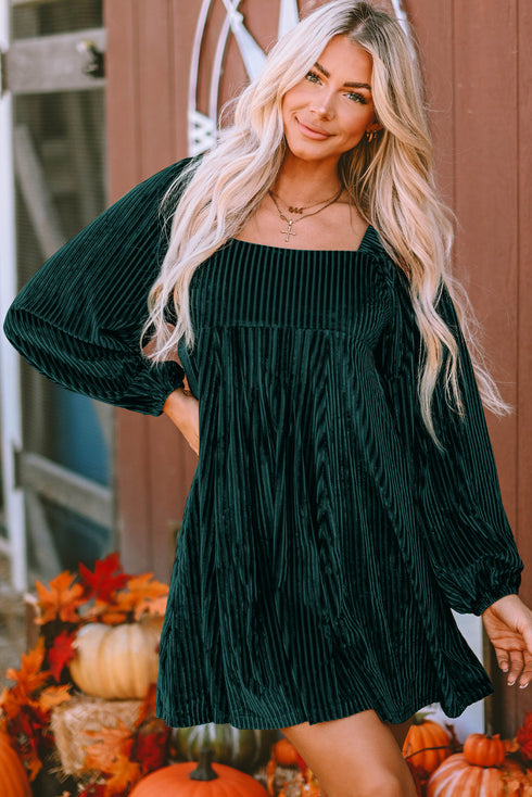 Ribbed Velvet Square Neck Bishop Sleeve Mini Dress