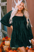 Ribbed Velvet Square Neck Bishop Sleeve Mini Dress