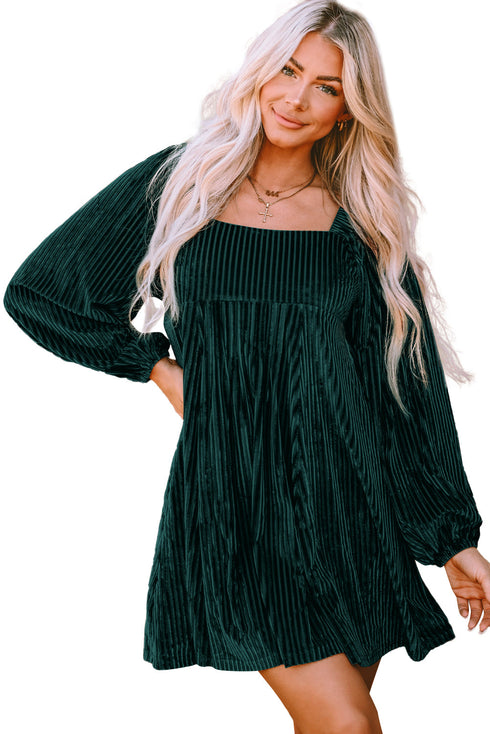 Ribbed Velvet Square Neck Bishop Sleeve Mini Dress