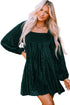 Ribbed Velvet Square Neck Bishop Sleeve Mini Dress