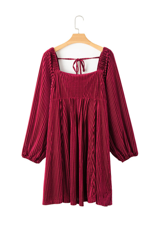 Ribbed Velvet Square Neck Bishop Sleeve Mini Dress
