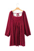 Ribbed Velvet Square Neck Bishop Sleeve Mini Dress