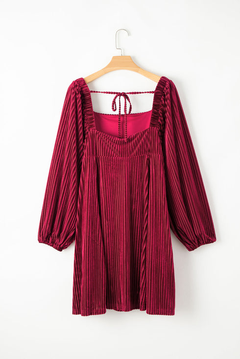 Ribbed Velvet Square Neck Bishop Sleeve Mini Dress
