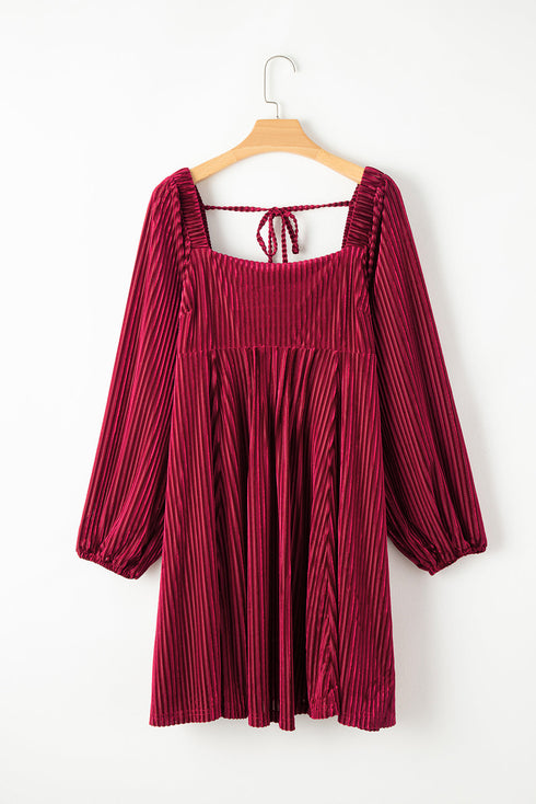 Ribbed Velvet Square Neck Bishop Sleeve Mini Dress