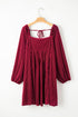 Ribbed Velvet Square Neck Bishop Sleeve Mini Dress