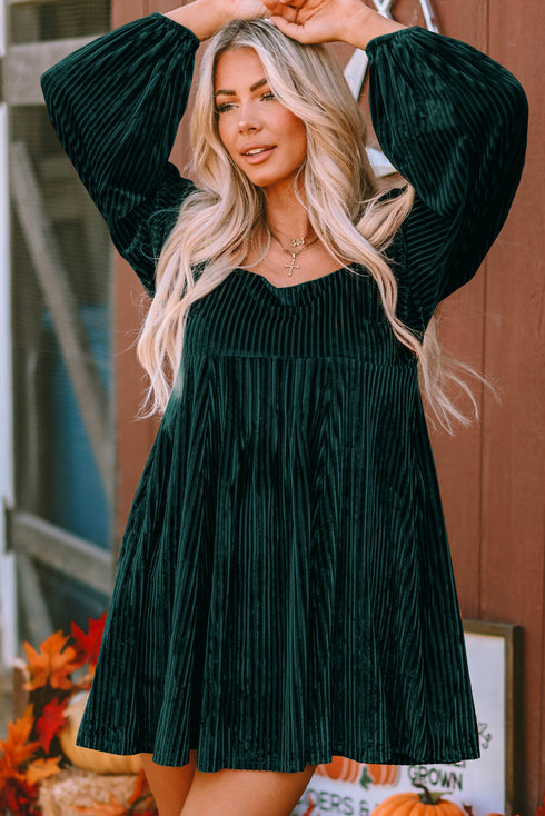 Ribbed Velvet Square Neck Bishop Sleeve Mini Dress