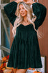Ribbed Velvet Square Neck Bishop Sleeve Mini Dress