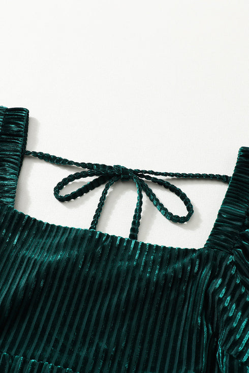 Ribbed Velvet Square Neck Bishop Sleeve Mini Dress
