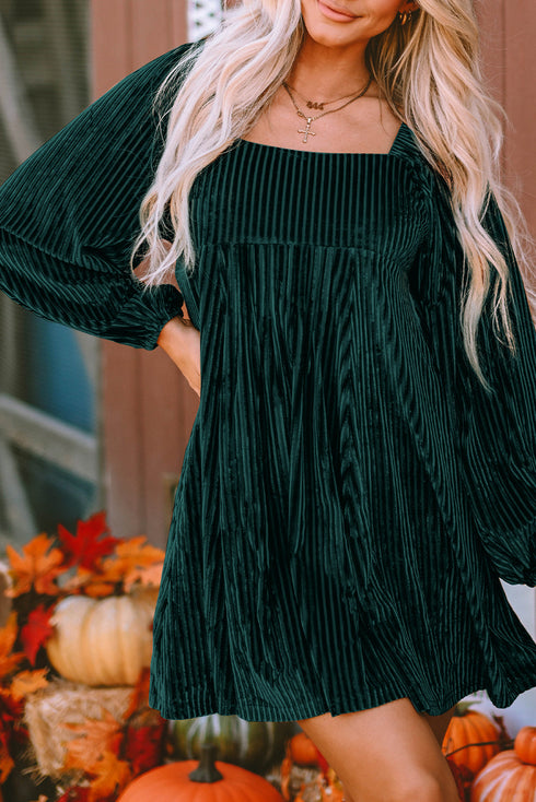 Ribbed Velvet Square Neck Bishop Sleeve Mini Dress