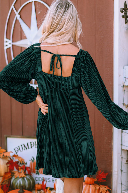 Ribbed Velvet Square Neck Bishop Sleeve Mini Dress