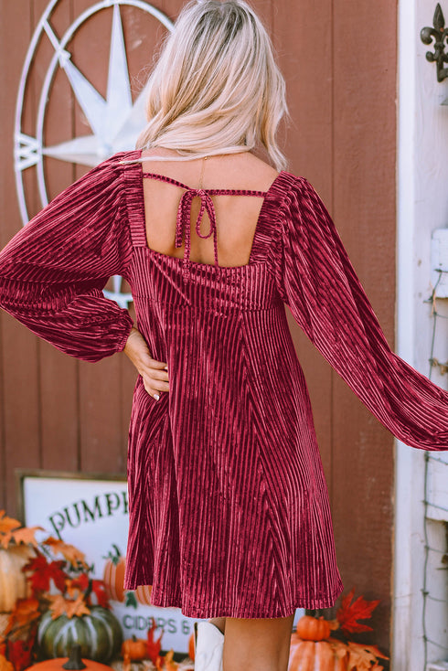 Ribbed Velvet Square Neck Bishop Sleeve Mini Dress