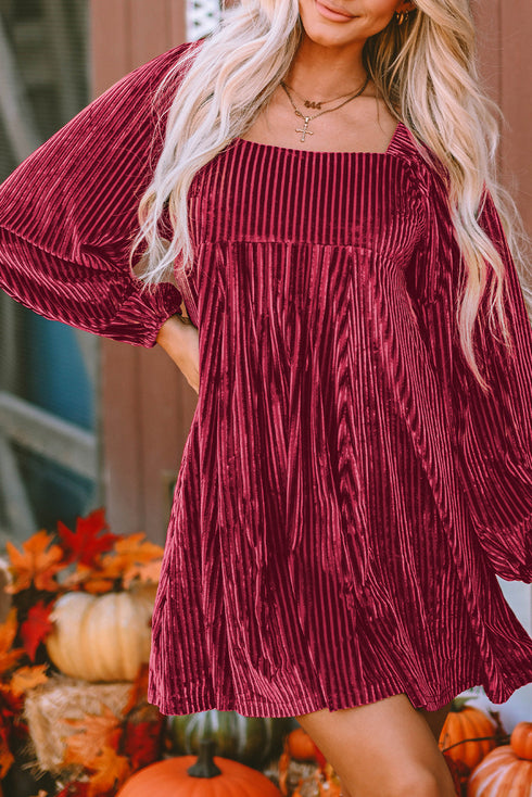 Ribbed Velvet Square Neck Bishop Sleeve Mini Dress