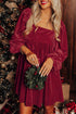 Ribbed Velvet Square Neck Bishop Sleeve Mini Dress