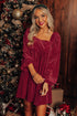 Ribbed Velvet Square Neck Bishop Sleeve Mini Dress