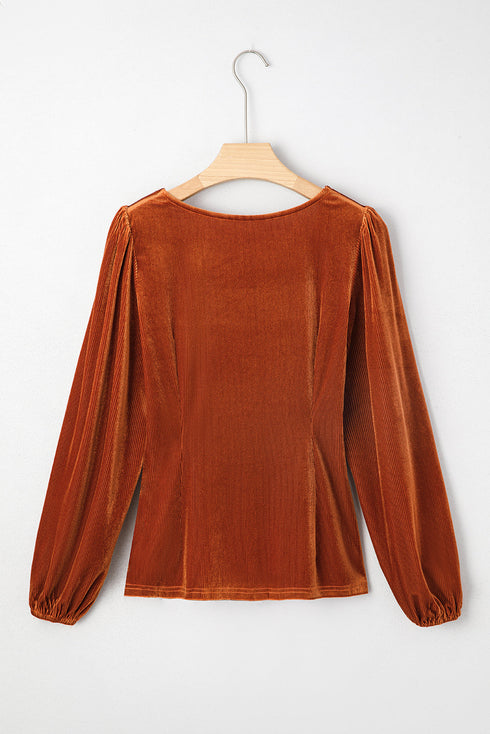 Ribbed Velvet Square Neck Puff Sleeve Slim Fit Top