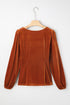 Ribbed Velvet Square Neck Puff Sleeve Slim Fit Top