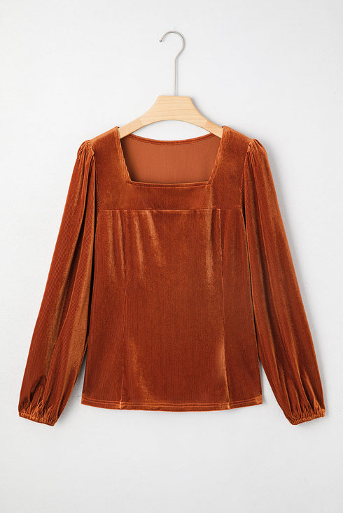 Ribbed Velvet Square Neck Puff Sleeve Slim Fit Top