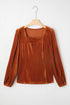 Ribbed Velvet Square Neck Puff Sleeve Slim Fit Top