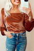 Ribbed Velvet Square Neck Puff Sleeve Slim Fit Top