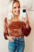 Ribbed Velvet Square Neck Puff Sleeve Slim Fit Top